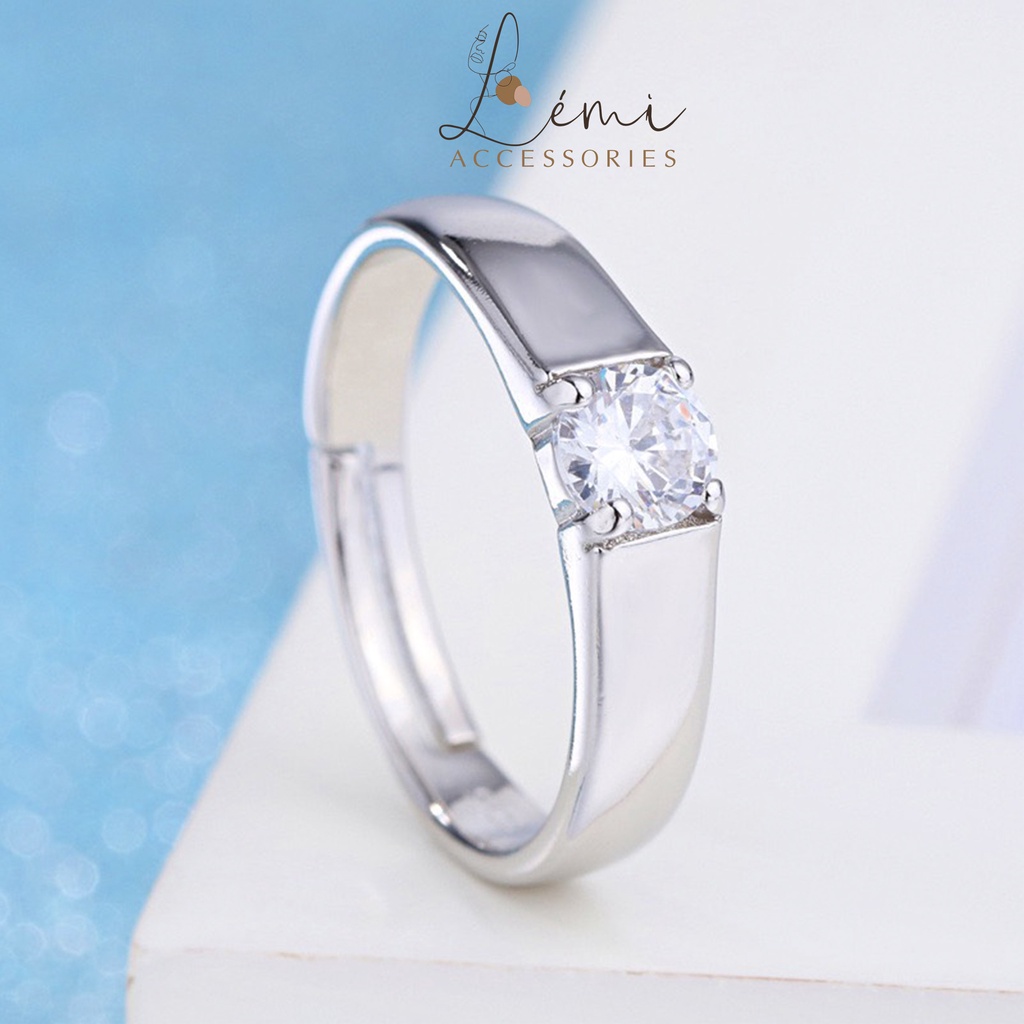 Nhẫn đôi nam nữ đính đá hồng tinh tế mạ bạc 925 có chốt thể chỉnh size phù hợp với ngón tay Lemi accessories