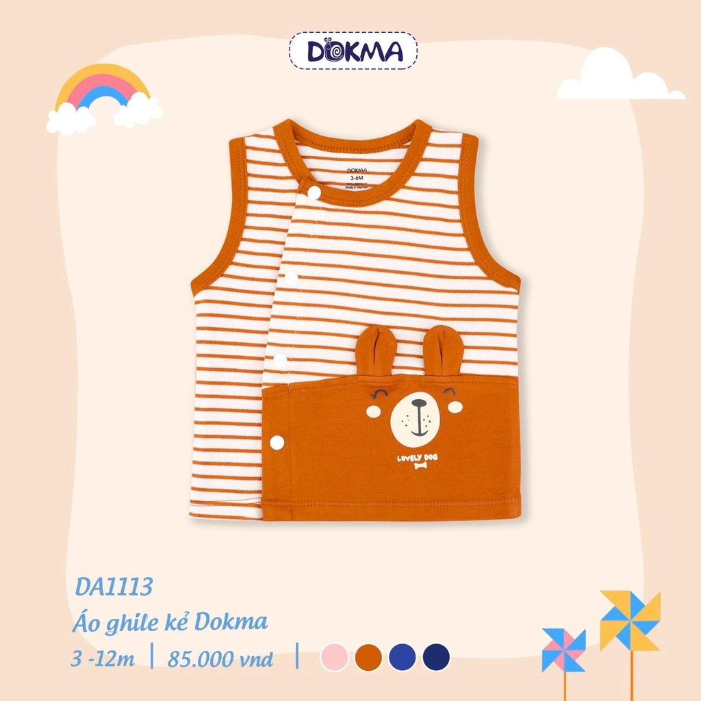 Áo gile Cotton dày Dokma 1 lớp họa tiết kẻ phối tai thú cho bé 3-12 tháng