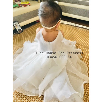 Váy đầm xoè công chúa mặc thôi nôi đầy tháng cho bé gái 2 dây chéo ngực trắng - Tuna House For Princess