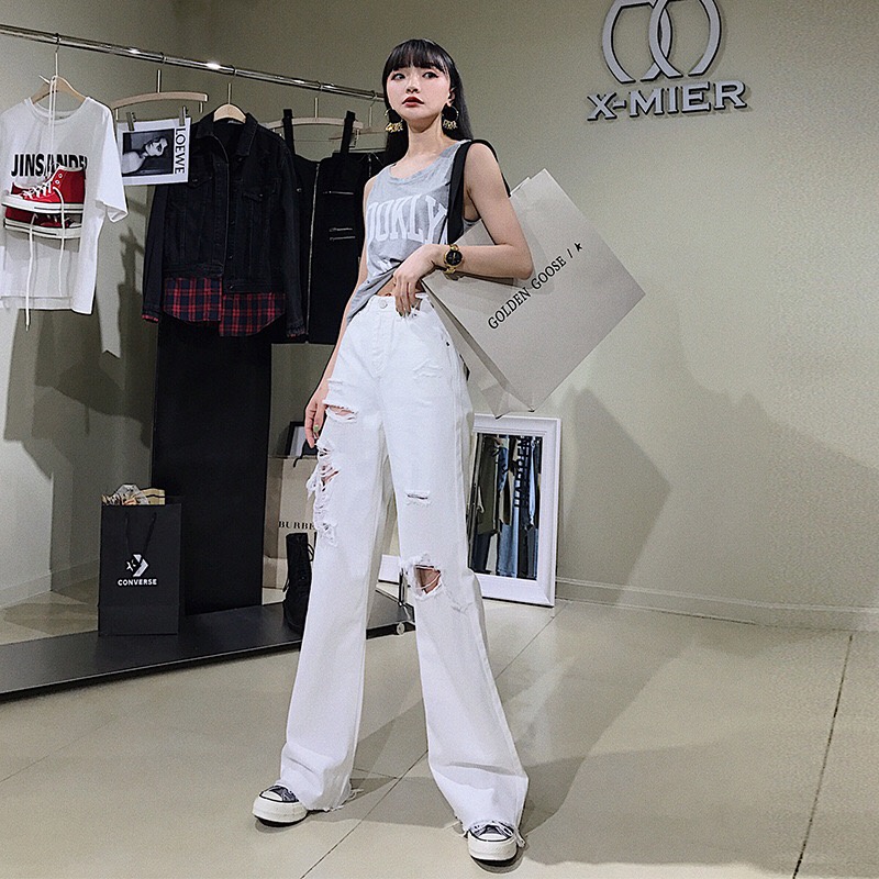 QUẦN ỐNG SUÔNG QUẦN JEAN ỐNG RỘNG HAIQUANG CẠP CAO DÁNG DÀI  RÁCH GỐI CỰC CÁ TÍNH MÃ 505