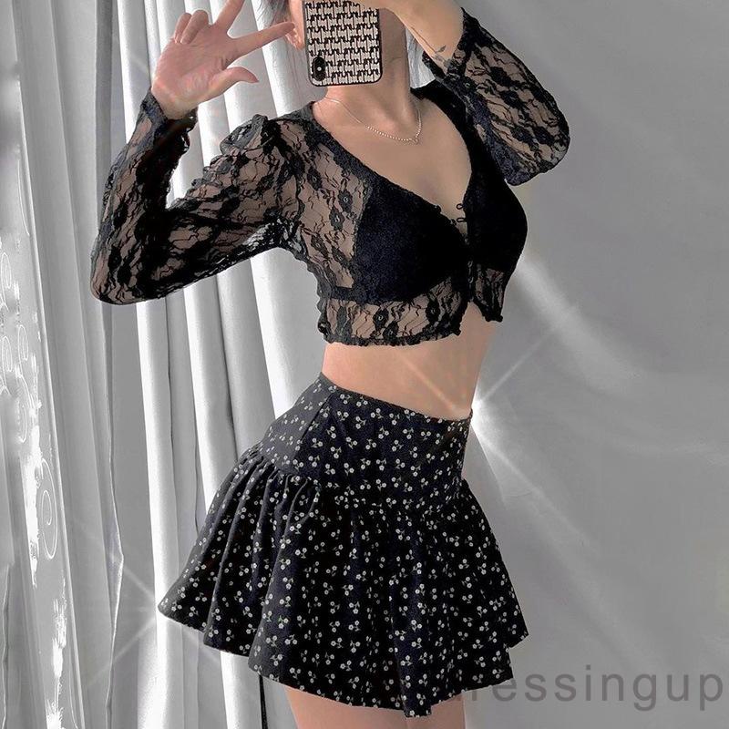 Áo thun nữ tay dài cổ chữ V phối ren phong cách vintage quyến rũ