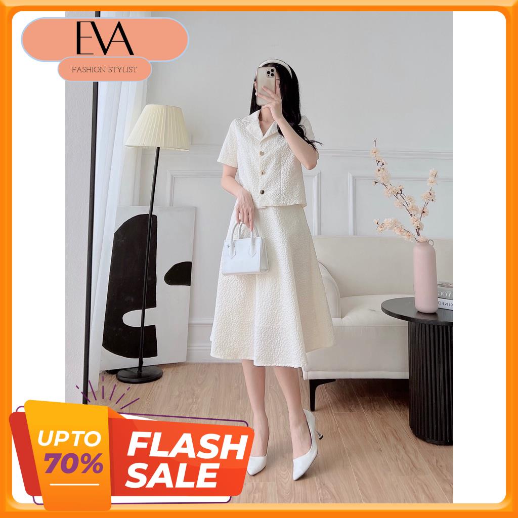 Set sơ mi ký giả cổ Vest ngắn tay cài cúc chất liệu xốp Hàn thiết kế Eva Fashion