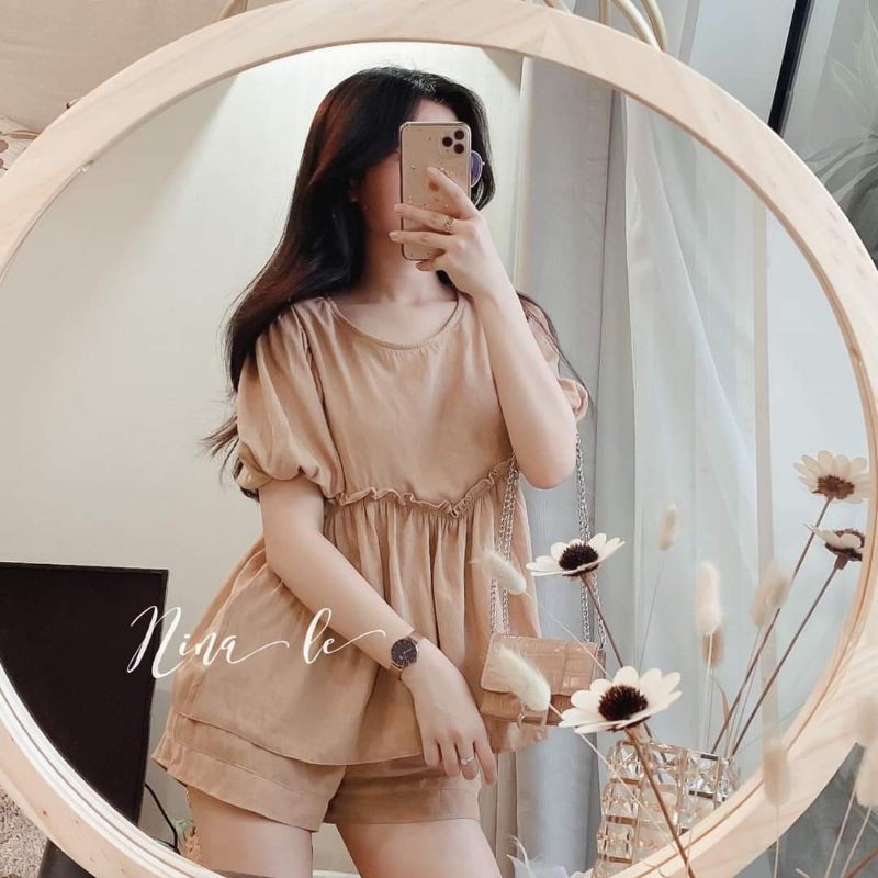 set babydoll nâu phối bèo + short