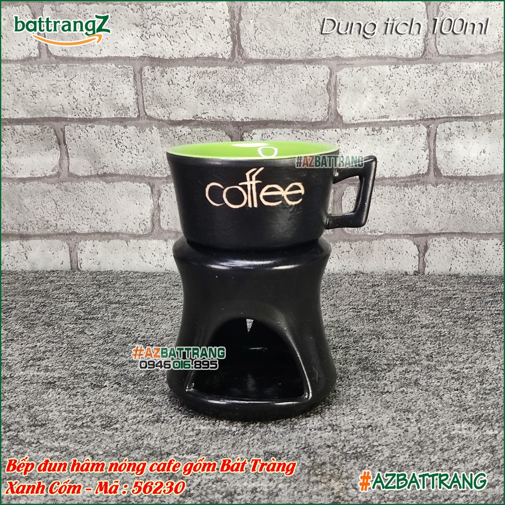 Bếp đun hâm nóng cafe kèm tách sứ Quai vuông men gốm Bát Tràng AZ