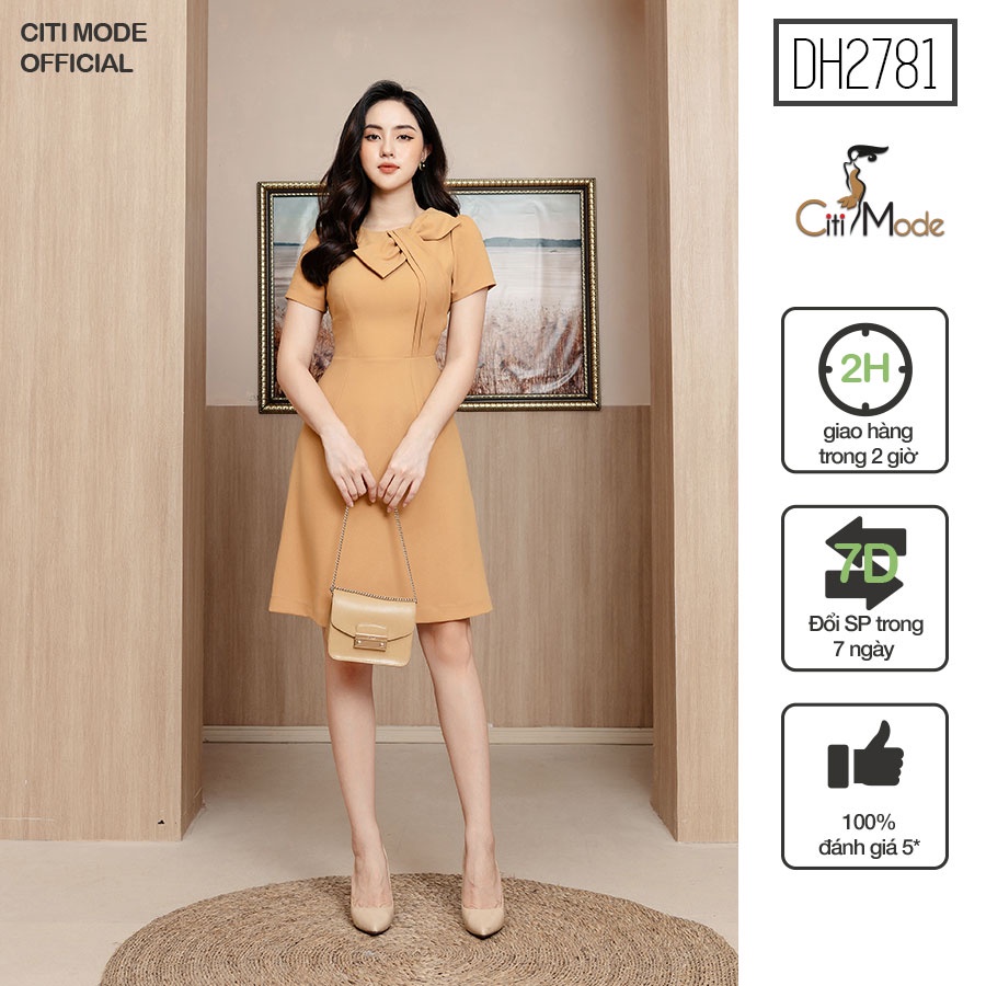 Đầm ôm A công sở ELYSIA thiết kế cổ nơ tay ngắn một màu DH2781