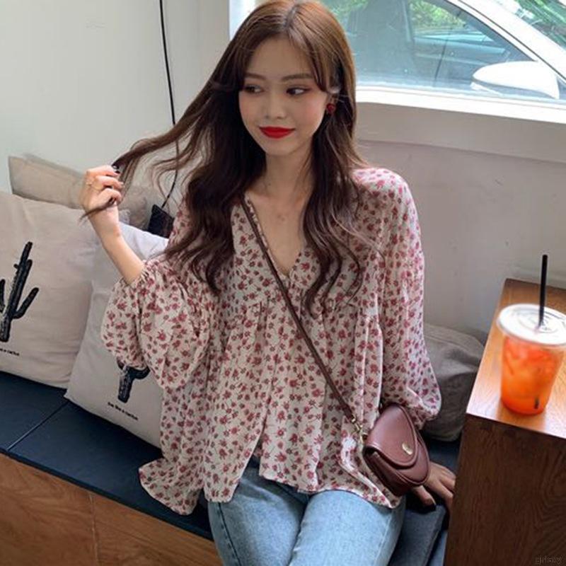 Áo Sơ Mi Chiffon Tay Dài Cổ Chữ V Dáng Rộng In Họa Tiết Hoa Đơn Giản Ngọt Ngào Kiểu Hàn Quốc