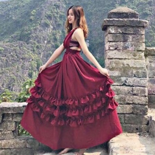 Đầm maxi nhấn bèo cổ yếm