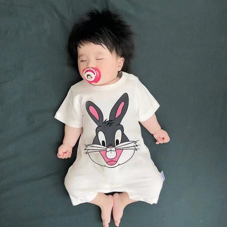 Bộ Áo Liền Quần cotton Tay Ngắn Thoáng Khí Thấm Hút Mồ Hôi In Họa Tiết Hoạt Hình Cho Bé