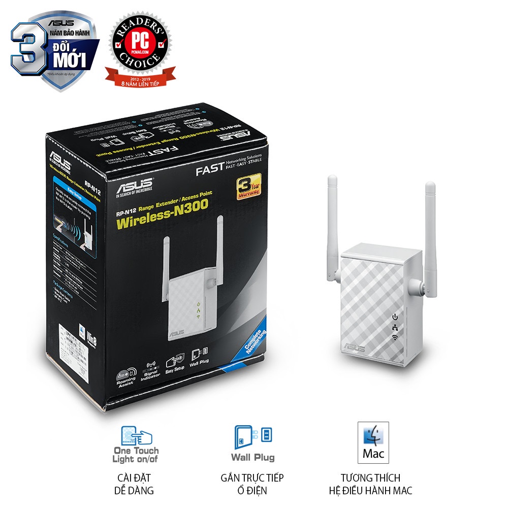 Bộ Mở Rộng Sóng Asus RP-N12 Repeater Chuẩn N300 2 Ăng-ten 2dBi Giúp Tăng Độ Phủ Sóng