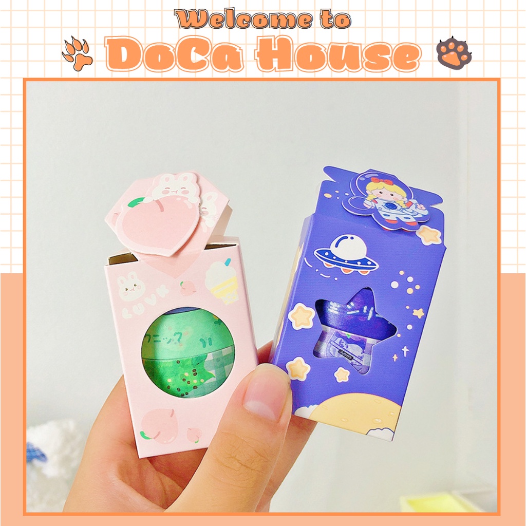 Hộp 4 cuộn washi tape DOCA, băng dính giấy, băng keo dán trang trí sổ tay nhiều chủ đề đáng yêu