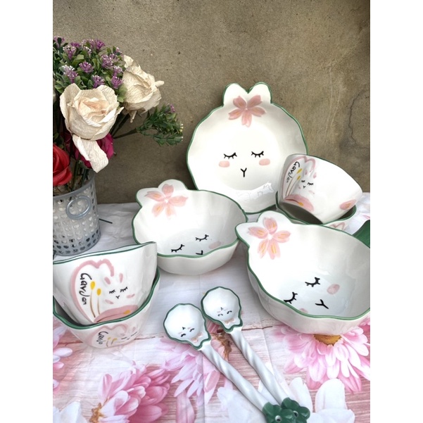 Bát Sứ Bát Ăn Cơm Bộ Bát Đĩa Decor Bộ Chén Dĩa Sứ vẽ tay họa tiết nổi sét thỏ xanh 10 món cực đáng yêu cho gia đình.