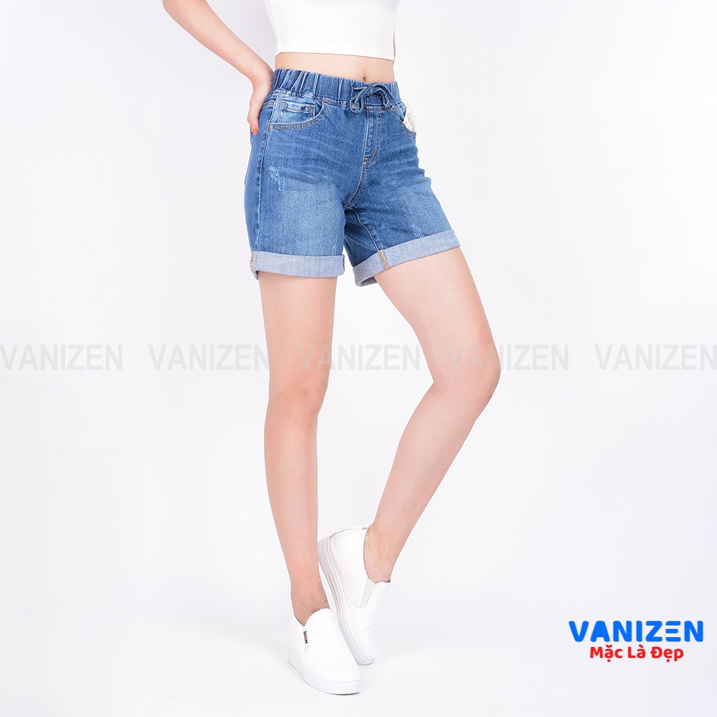 Quần short jean nữ ngắn đẹp lưng cao cạp chun xước nhẹ hàng hiệu cao cấp mã 449 VANIZEN