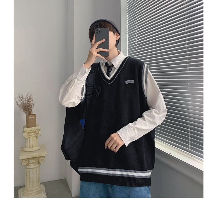Áo sweater nam len cổ V không tay form rộng thời trang học sinh hàn quốc áo len mặc ngoài dáng unisex đi học đi chơi | BigBuy360 - bigbuy360.vn