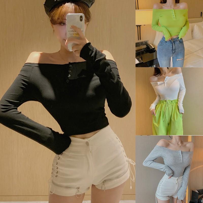 Women T-shirts Autumn Winter T-shirt Slim Slash Neck Long-sleeved Slim Off-shoulder One Neck T-shirts | BigBuy360 - bigbuy360.vn