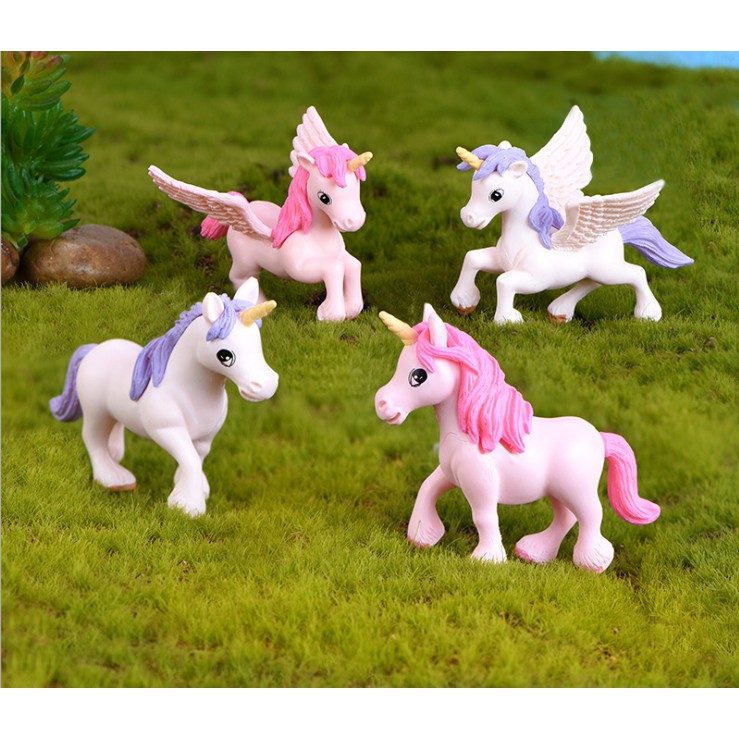 Combo đôi Unicorn kỳ lân mã màu hồng và tím (có cánh và không cánh) trang trí tiểu cảnh, bánh kem, móc chìa khóa, DIY