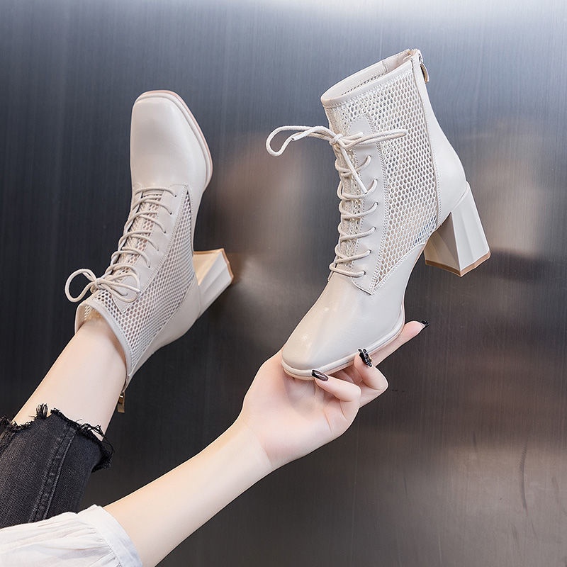 Giày Bốt Martin Cao Gót 2022 Thiết Kế Mới Phối Lưới Rỗng Thời Trang Xuân Hè Cho Nữ