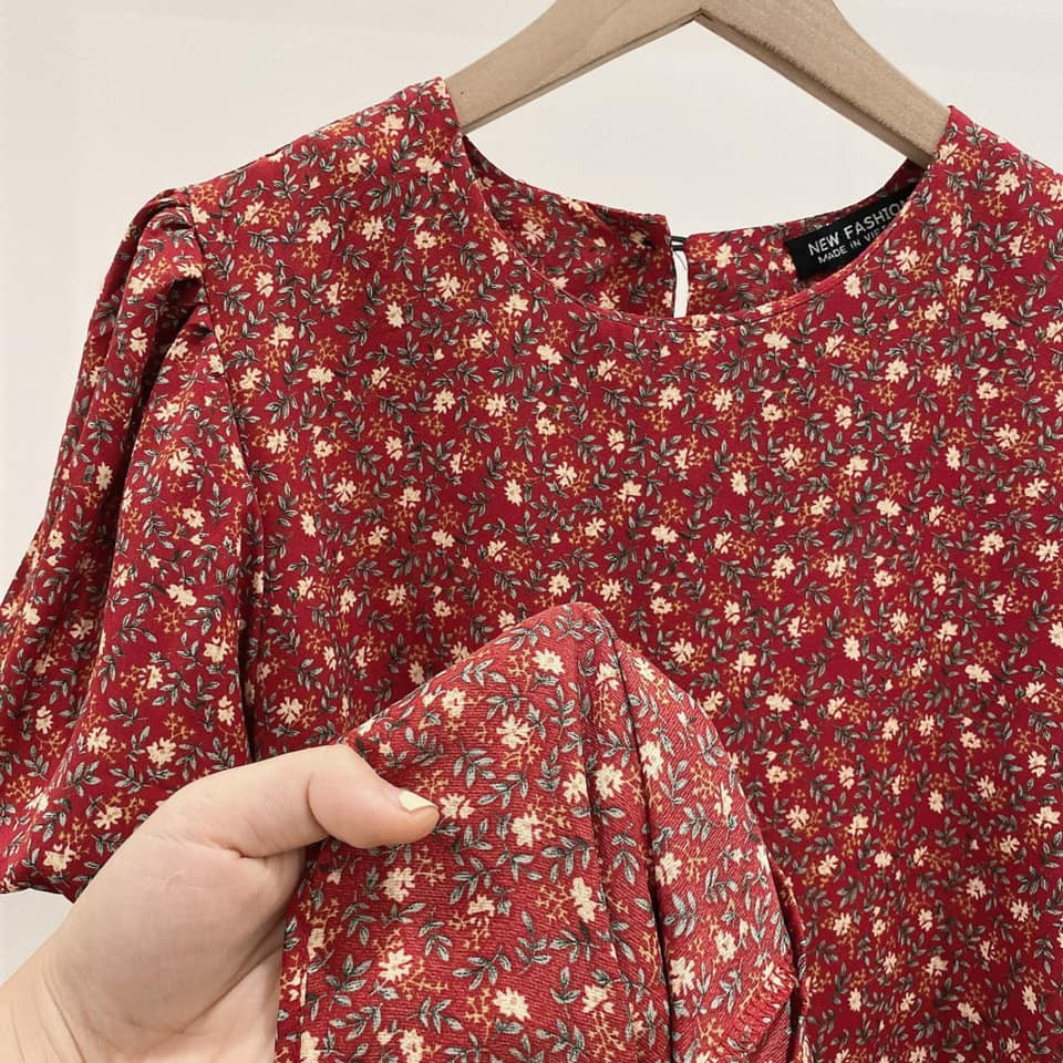 Đầm suông nữ tay phồng hoa thô màu đỏ Bing | BigBuy360 - bigbuy360.vn