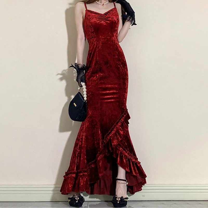 Đầm body maxi nhung phối bèo