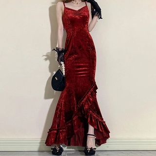 đầm body maxi nhung phối bèo