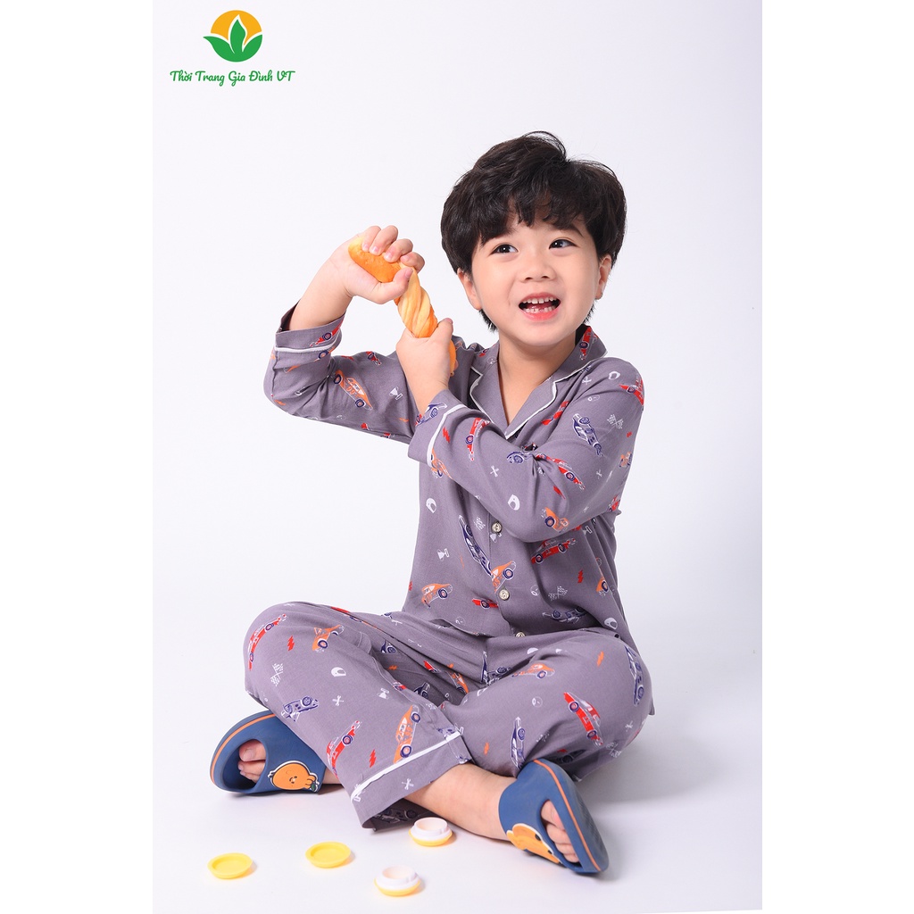 Đồ bộ lanh pijama mặc ở nhà bé trai Việt Thắng, quần dài, áo dài tay - B70.2203