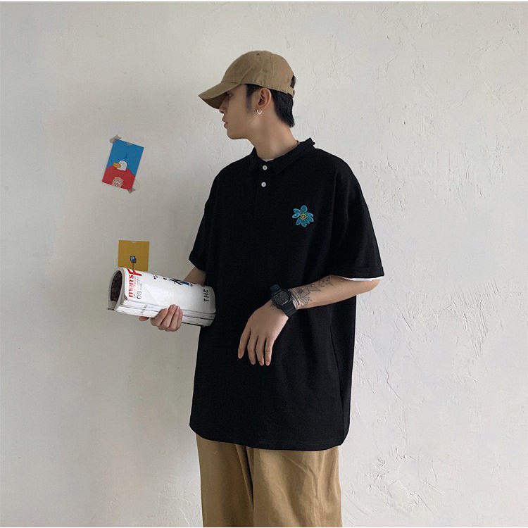 Áo thun polo nam nữ unisex tay lỡ HOA CÚC oversize 2 màu trắng đen cotton dáng xuông | BigBuy360 - bigbuy360.vn