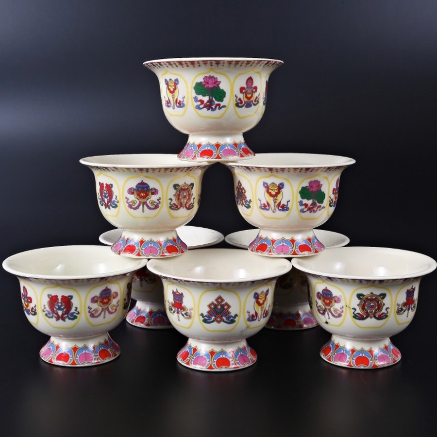 [PHÁP BẢO MINH CHÂU] Chén Cúng 8 Cát Tường - Gốm Sứ - NHẬP KHẨU