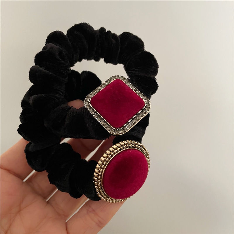 Dây buộc tóc cao su mặt vuông màu đỏ rượu vang phong cách Hàn Quốc cổ điển