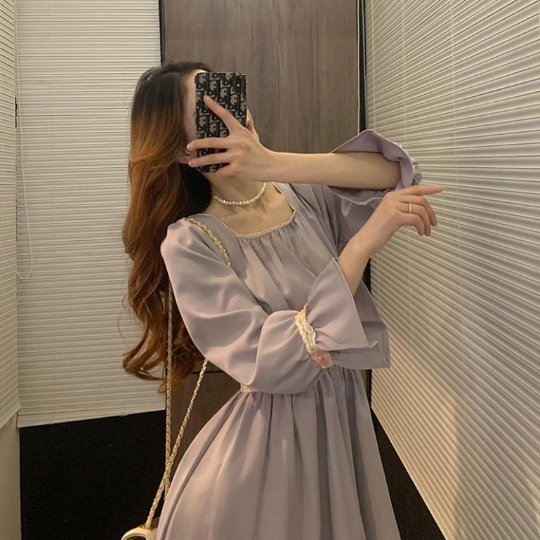 VIP 🎀YiYii Studio🎀Váy cổ vuông tay dài các điệu màu tím mộng mơ phong cách Hàn Xẻng ( kèm ảnh thật)