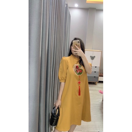 Váy bầu cách tân - vải chéo Nhật cao cấp thêu ngực