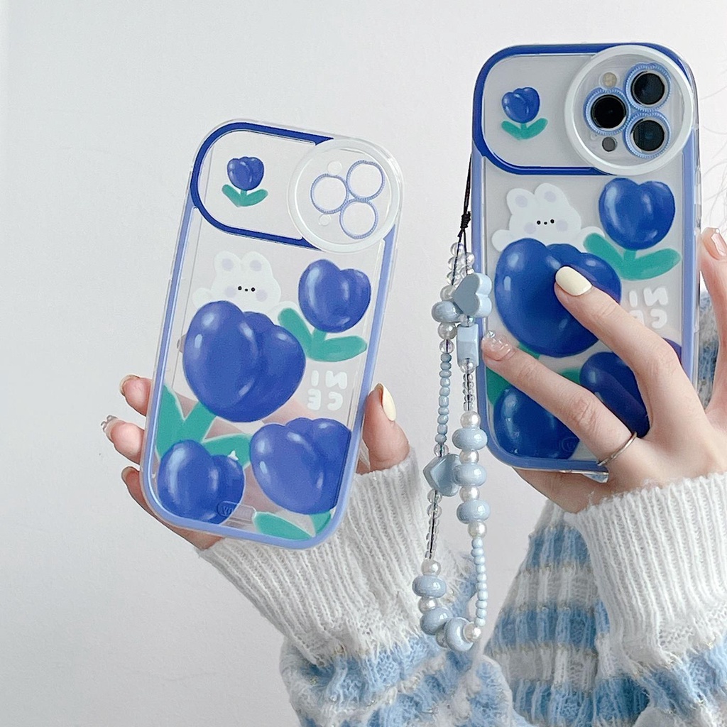 Ốp Điện Thoại Tpu Dẻo Trong Suốt Họa Tiết Hoa Tulip Xanh Dương Kèm Vòng Đeo Tay Cho iPhone 11 12 13Pro Max XS Max X XR 7 8 Plus