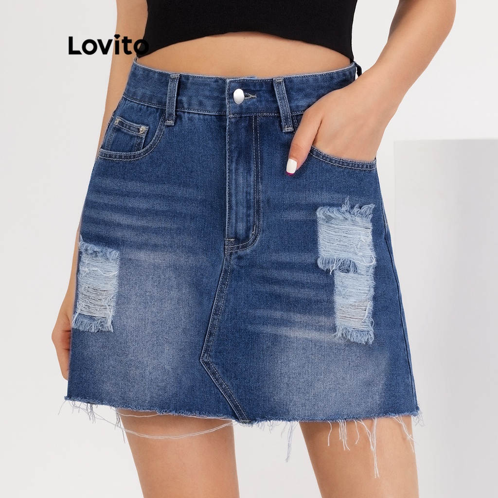 819 VN Delisted Váy denim Lovito thường ngày màu trơn phối túi nạm đinh tán lai thô L20DD08 (màu xanh lam đậm)