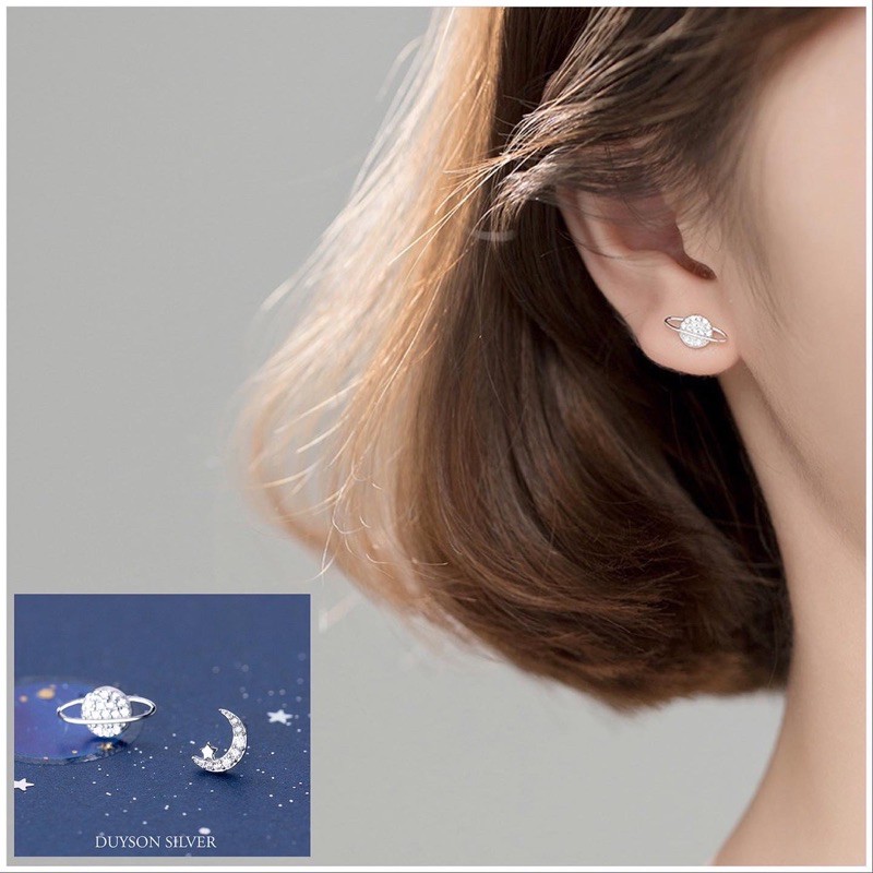 Khuyên tai bạc nữ trái đất mặt trăng, bông tai bạc 925 DUYSON SILVER