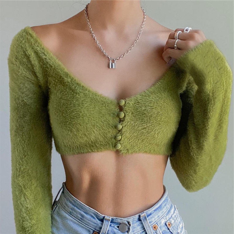 DUNEA Áo cardigan tay dài cổ chữ V phối nút thời trang quyến rũ cho nữ