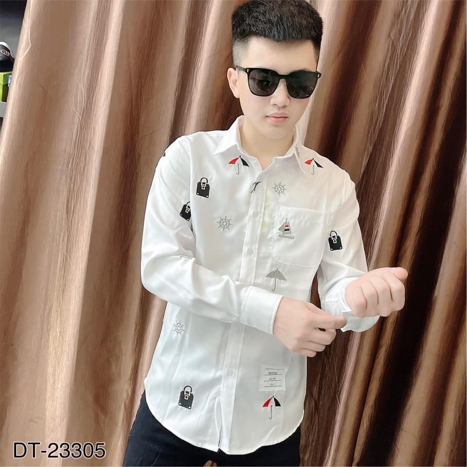 Áo Sơ Mi Trắng Nam Thom Họa Tiết Hình Thêu Cao Cấp - Áo Cổ Bẻ Thom Họa Tiết Hình Thêu Cao Cấp Dành Cho Nam DT FASHION