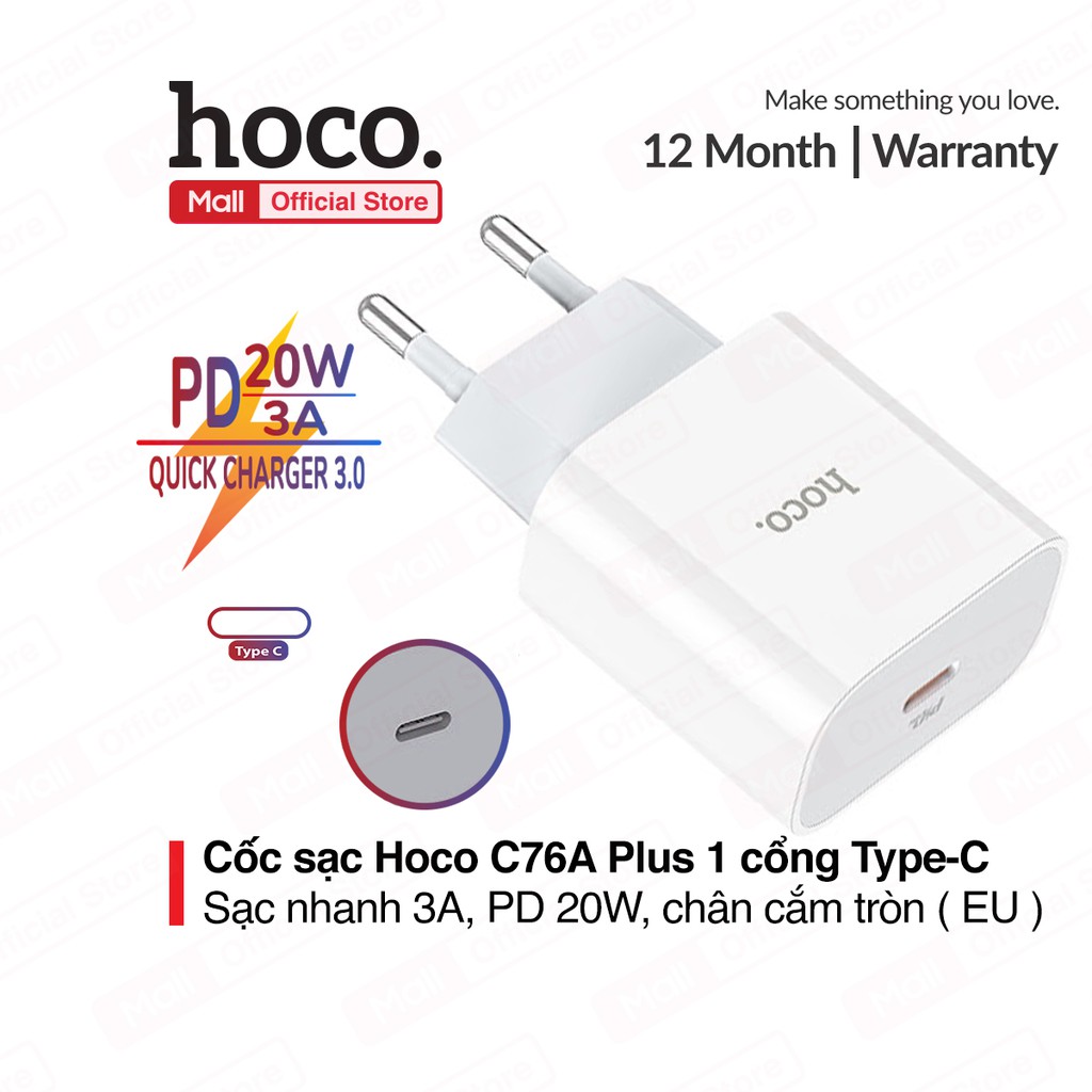 Củ sạc nhanh Hoco C76A Plus 1 cổng Type-C hỗ trợ sạc nhanh 3A, PD 20W, tương thích với nhiều thiết bị công nghệ ( EU )