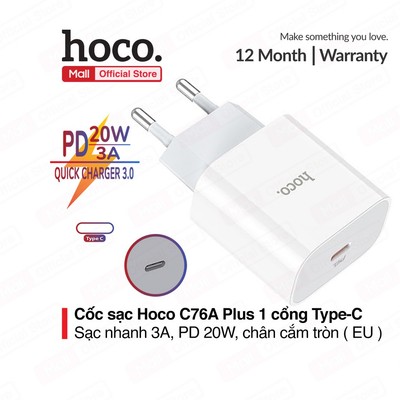 Củ sạc nhanh Hoco C76A Plus 1 cổng Type-C hỗ trợ sạc nhanh 3A, PD 20W, tương thích với nhiều thiết bị công nghệ ( EU )