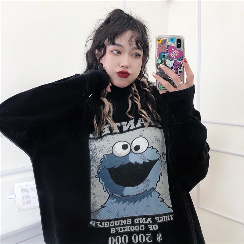 Áo nỉ tay dài cổ cao dáng rộng in họa tiết hoạt hình phong cách Hàn Quốc thời trang | BigBuy360 - bigbuy360.vn