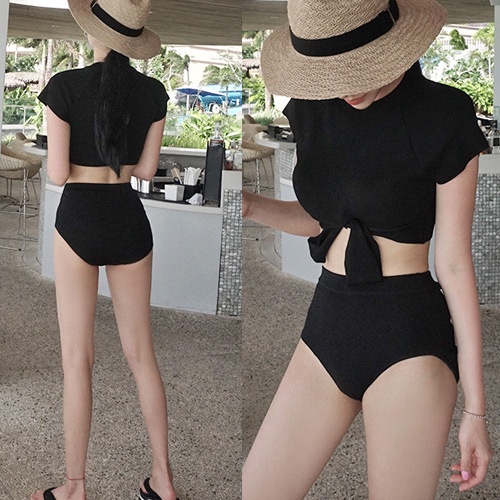 Bikini đồ tắm đi biển 2 mảnh cộc tay quần chip, đồ bơi áo ngực dây buộc cam đen SAVVY summer women two-piece swimwear