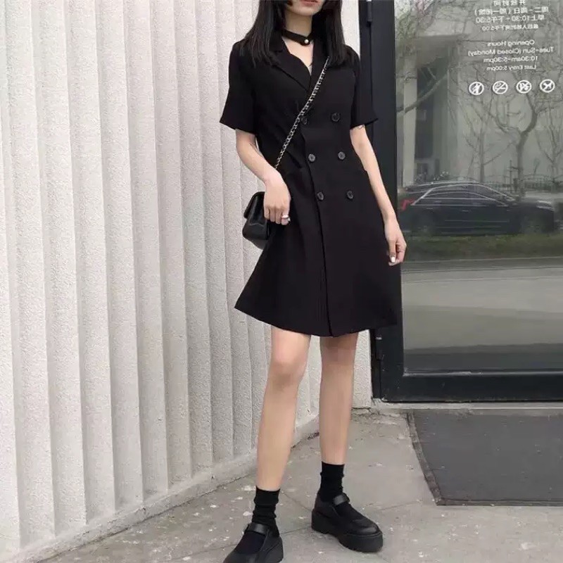 Có sẵn-<>Đầm vest 2 hàng nút màu đen