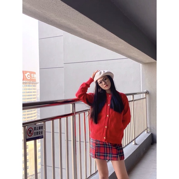 |REDFLA SET| SET áo len đỏ chân váy đỏ caro TLÉA