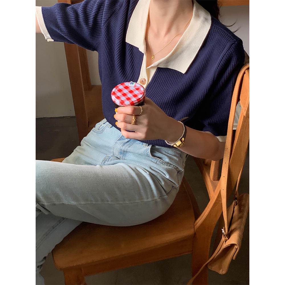 Áo Thun Dệt Kim Tay Ngắn Cổ Bẻ Màu Sắc Tương Phản Phong Cách Retro 49855