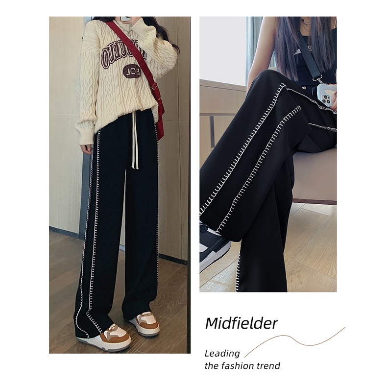 Quần dài ZHELIHANGFEI ống rộng lưng cao phối nơ phong cách Hàn Quốc