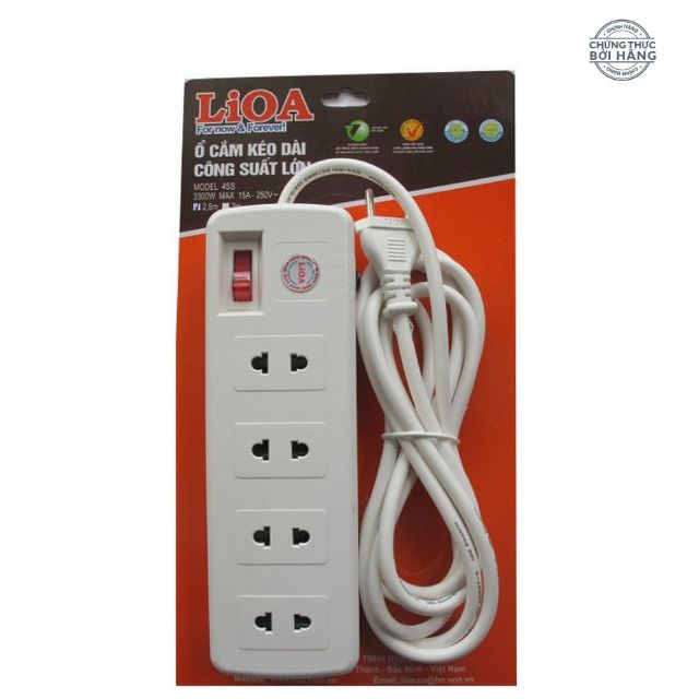 Ổ cắm LIOA Công suất lớn 3,300W - 15A 4SS2.5-2 ( 2,5m dây ) 4 ổ + 1 công tắc - Bảo vệ quá tải bằng