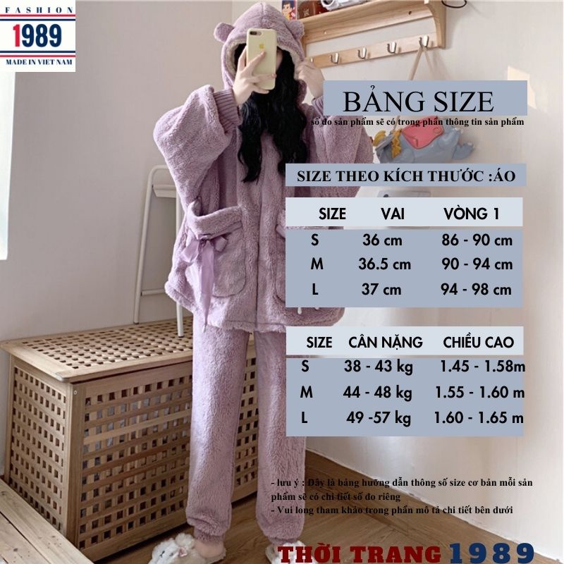 Bộ đồ mặc nhà lông cừu ấm áp nơ túi 2 mầu tím hồng ,bộ ngủ lông gấu nữ kute dễ thương -PHƯƠNG 1989