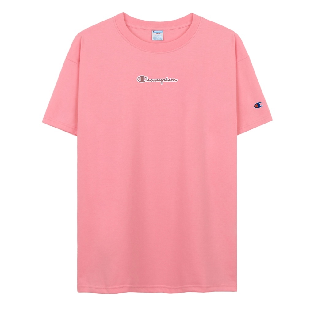 Áo Thun Champion Màu hồng In Chữ Màu Hồng Ở Giữa Chất Liệu 100% Cotton Thoáng Mát Form Rộng Thoải Mái