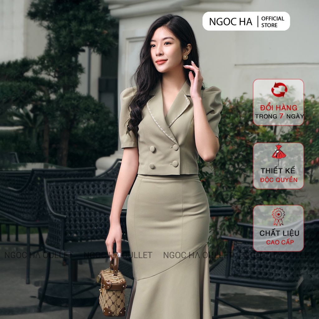 Set Váy Công Sở, Áo Vest Croptop Tay Bồng Chân Váy Ôm Body Đuôi Cá NGỌC HÀ Design Bj008