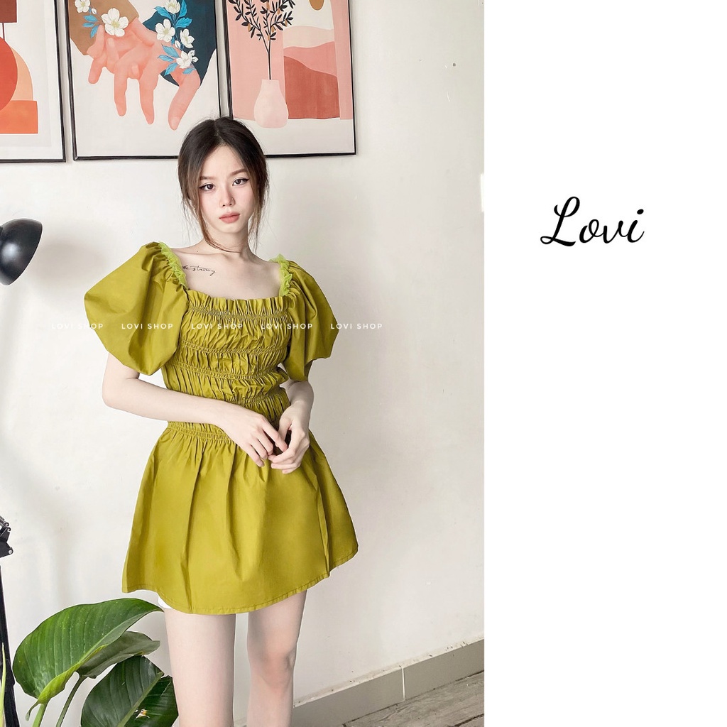 LOVI SHOP- Áo kiểu nữ ngắn tay nhún ngực bẹt vai tay phồng cổ vuông