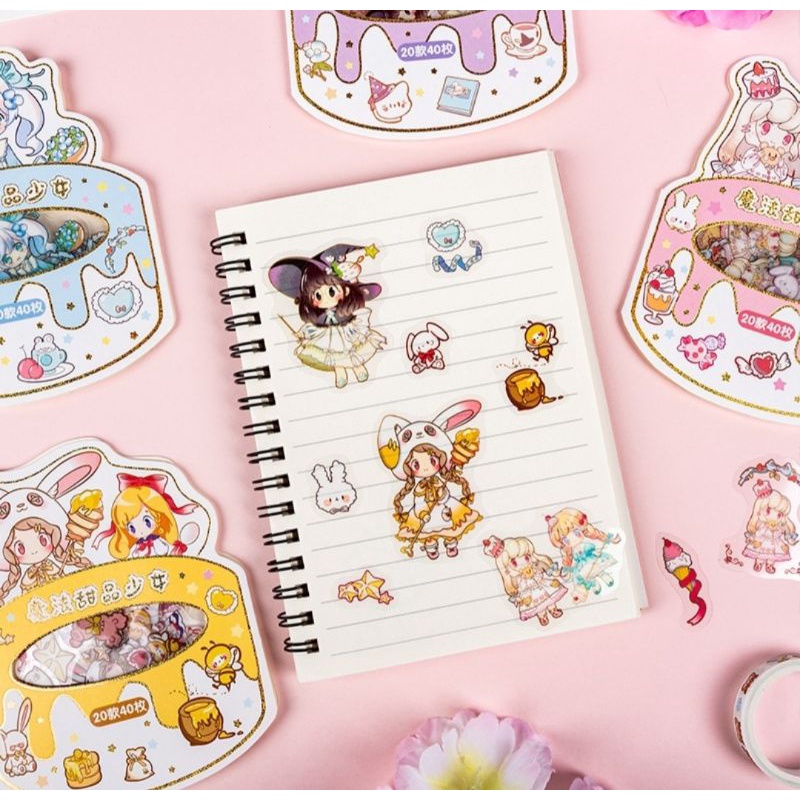 3 tờ sticker siêu đẹp đựng trong bao bì hình cô gái bên bánh kem, mã JJ- SZD