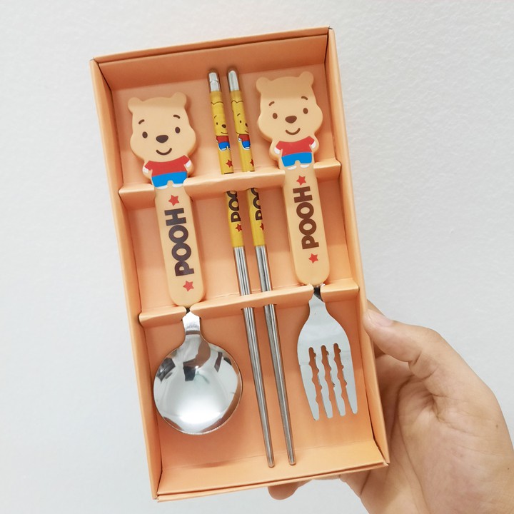 Bộ thìa dĩa đũa tập ăn bằng inox họa tiết hoạt hình cho bé (BDS04)