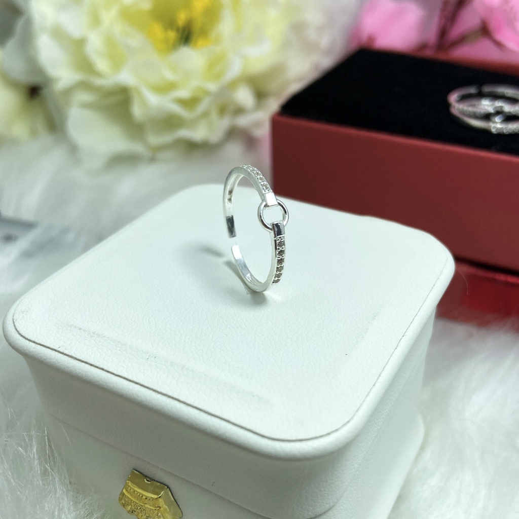 Nhẫn bạc nữ kiểu hở mặt vòng tròn đính đá, nhẫn nữ Free Size bạc ta - Trang sức bạc Evasilver